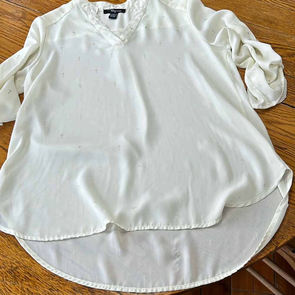 Riley + James cream color blouse w/gold crosses.  Very sheer. Size Large.